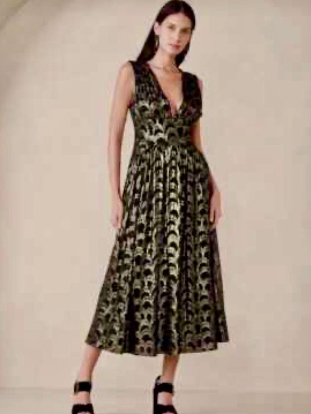 Banana Republic Black and Gold Patterned V-Neck Midi Dress